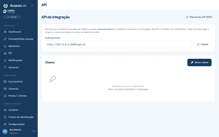 Tela de integração por API do AcessoLab com geração de chave de acesso