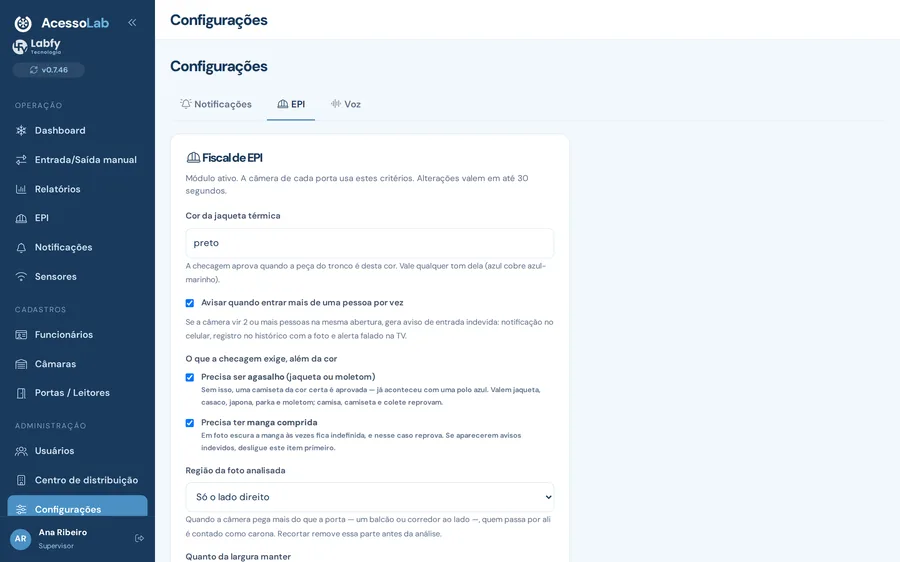 Tela de configuração dos critérios de EPI do AcessoLab