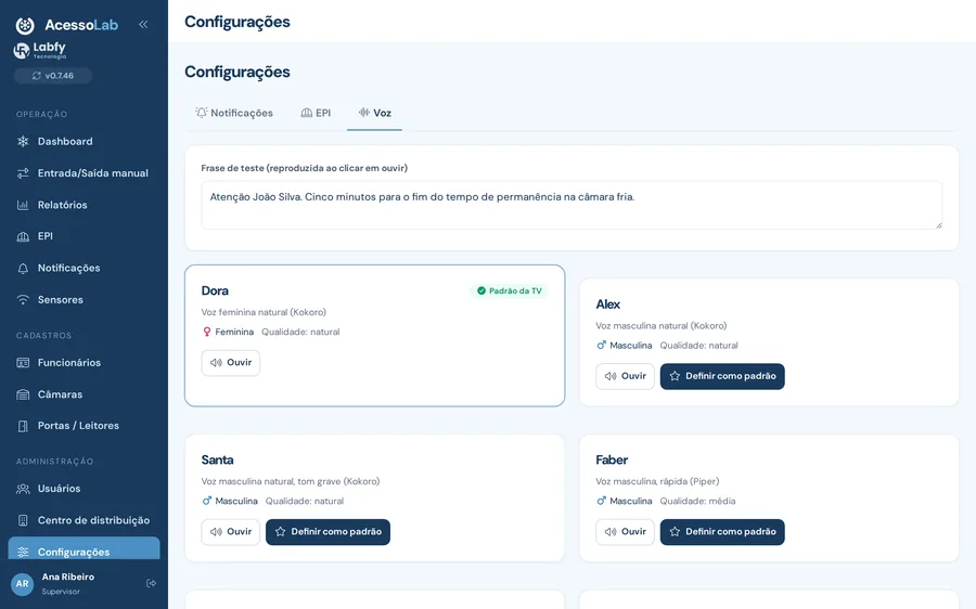 Tela de configuração da voz do painel do AcessoLab, com teste de pronúncia